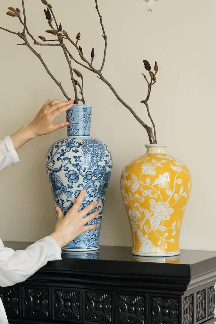 Oriental Yellow Glazed Porcelain Vase with White Floral Motifs French Imported - WonderlandByLilian