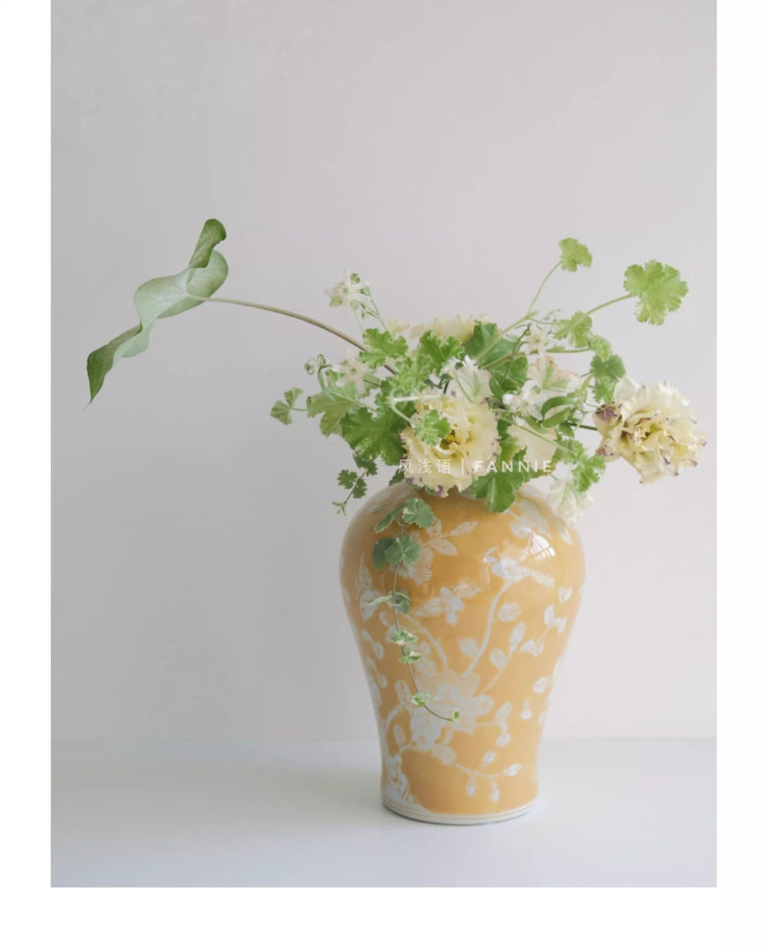 Oriental Yellow Glazed Porcelain Vase with White Floral Motifs French Imported - WonderlandByLilian