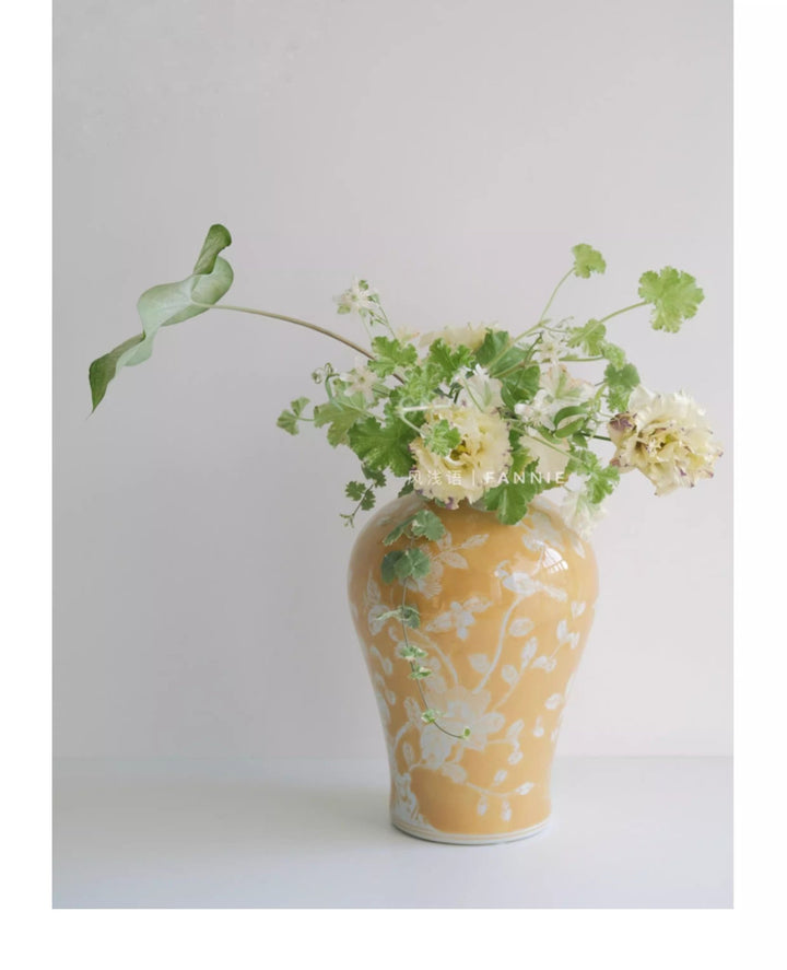 Oriental Yellow Glazed Porcelain Vase with White Floral Motifs French Imported - WonderlandByLilian