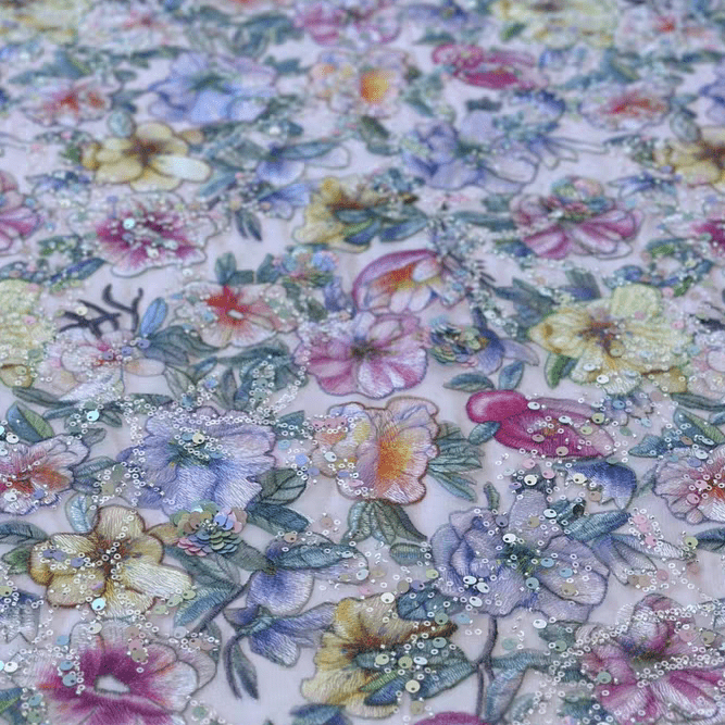 Original Floral Print Sequin Embroidered Soft Tulle Lace Fabric - WonderlandByLilian