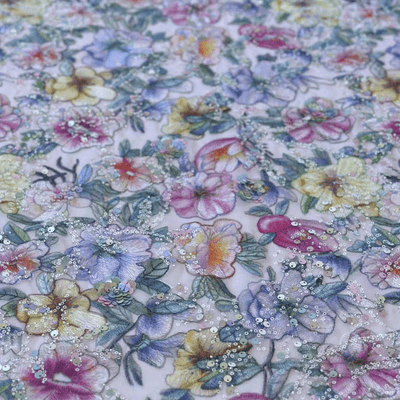 Original Floral Print Sequin Embroidered Soft Tulle Lace Fabric - WonderlandByLilian