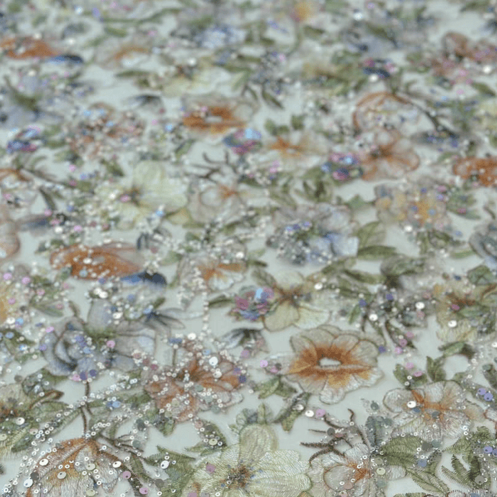 Original Floral Print Sequin Embroidered Soft Tulle Lace Fabric - WonderlandByLilian