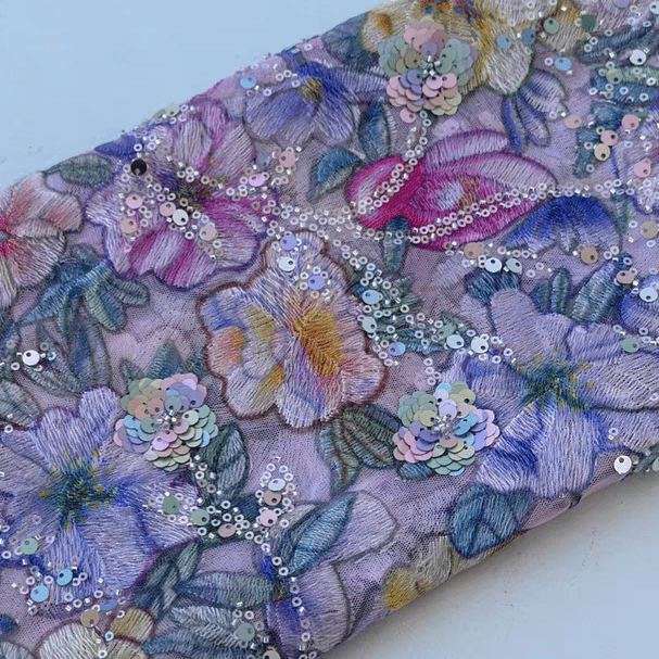 Original Floral Print Sequin Embroidered Soft Tulle Lace Fabric - WonderlandByLilian