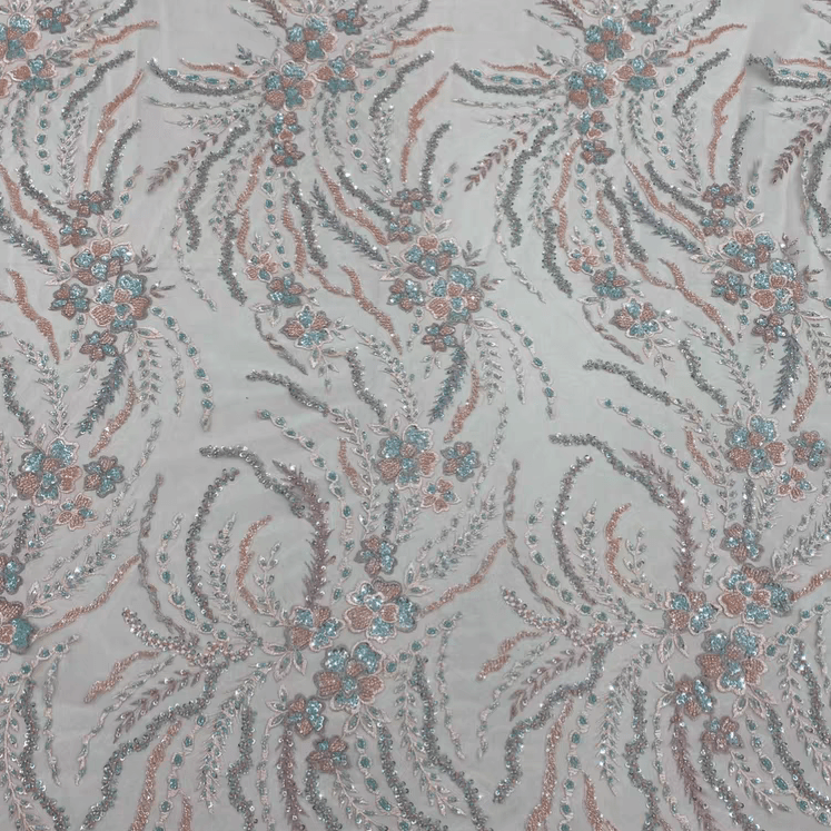 Pastel Floral Sequin Embroidered Lace Fabric - WonderlandByLilian