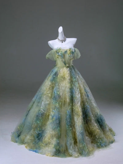 Pastel Green Floral Evening Gown - Off-Shoulder Tulle Dress with Corset Plus Size - WonderlandByLilian