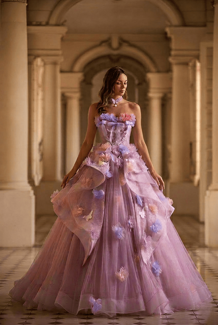 Pastel Lavender Floral Tulle Ball Gown with Strapless Corset Bodice Ethereal Fairy Princess Evening Dress Romantic Couture Formal Gown Plus Size - WonderlandByLilian