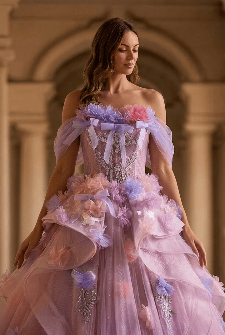 Pastel Lavender Floral Tulle Ball Gown with Strapless Corset Bodice Ethereal Fairy Princess Evening Dress Romantic Couture Formal Gown Plus Size - WonderlandByLilian