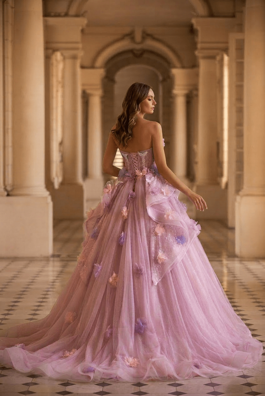 Pastel Lavender Floral Tulle Ball Gown with Strapless Corset Bodice Ethereal Fairy Princess Evening Dress Romantic Couture Formal Gown Plus Size - WonderlandByLilian