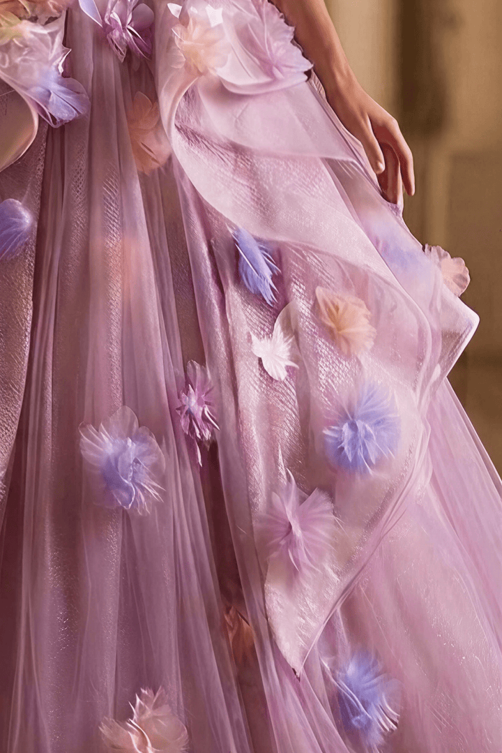 Pastel Lavender Floral Tulle Ball Gown with Strapless Corset Bodice Ethereal Fairy Princess Evening Dress Romantic Couture Formal Gown Plus Size - WonderlandByLilian