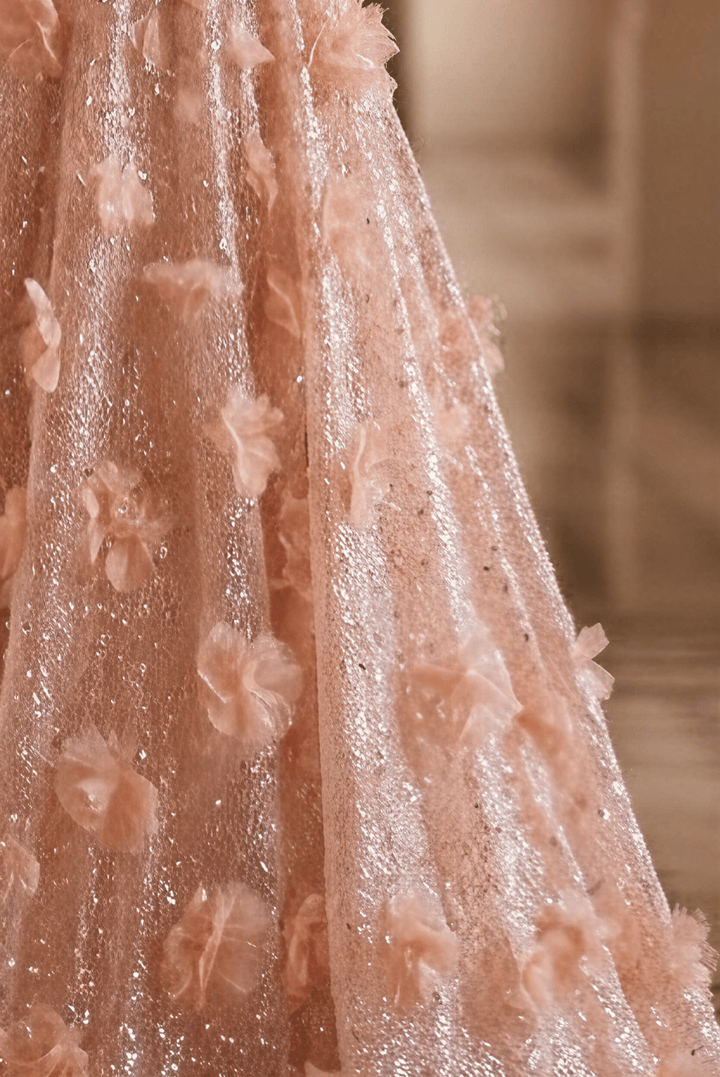 Pastel Pink Floral Appliqué Tulle Ball Gown with Strapless Corset Bodice Romantic Fairy Princess Evening Dress Couture Plus Size - WonderlandByLilian