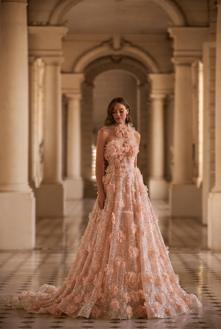 Pastel Pink Floral Appliqué Tulle Ball Gown with Strapless Corset Bodice Romantic Fairy Princess Evening Dress Couture Plus Size - WonderlandByLilian