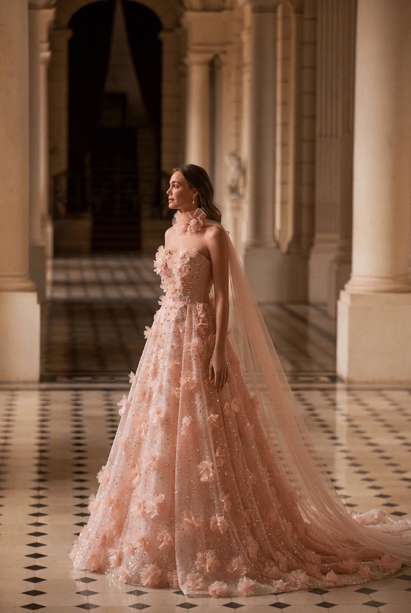 Pastel Pink Floral Appliqué Tulle Ball Gown with Strapless Corset Bodice Romantic Fairy Princess Evening Dress Couture Plus Size - WonderlandByLilian