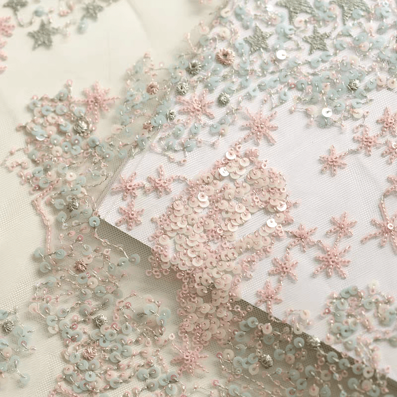 Pastel Pink Floral Sequined Tulle Fabric - WonderlandByLilian