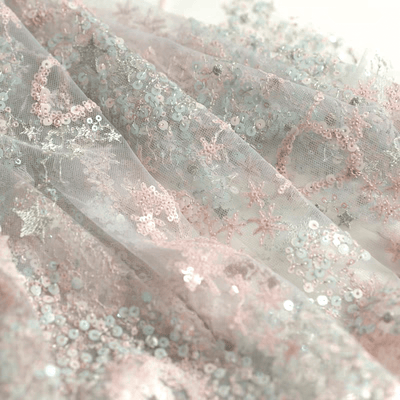 Pastel Pink Floral Sequined Tulle Fabric - WonderlandByLilian