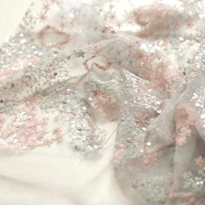 Pastel Pink Floral Sequined Tulle Fabric - WonderlandByLilian