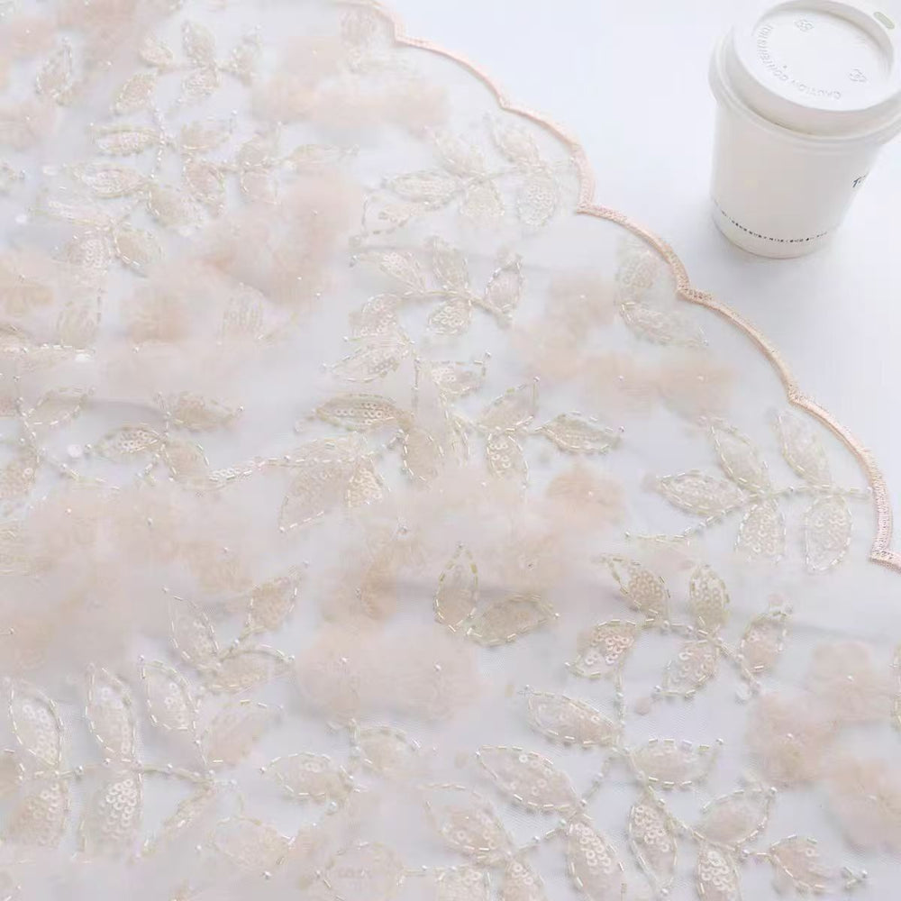 Peach Pink Lace Embroidered Sequin Flower Tulle Fabric for Custom Dresses and Gowns - WonderlandByLilian