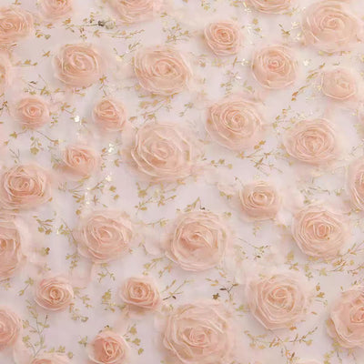 Peach Pink Lace Rose Appliqué Foil Lace Fabric for Spring and Summer Fashion Dresses - WonderlandByLilian