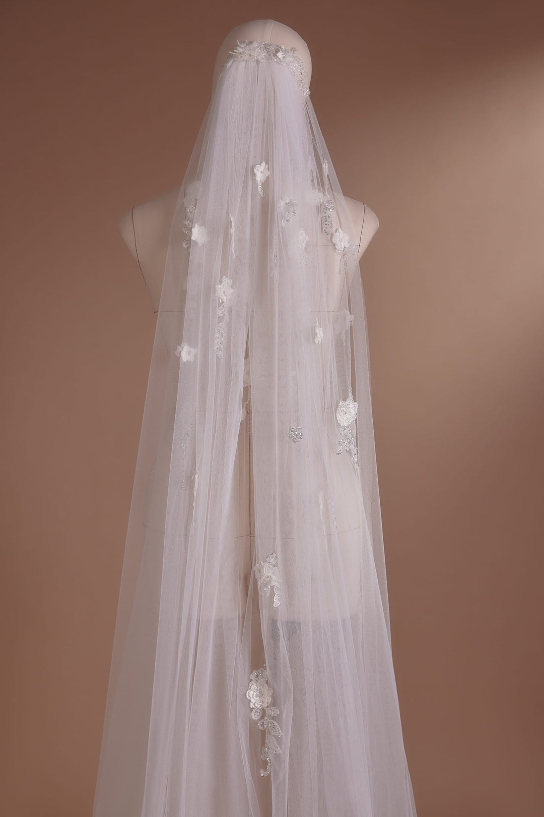 Pearl and Floral Cathedral Veil with Lace Edging Plus Size - WonderlandByLilian