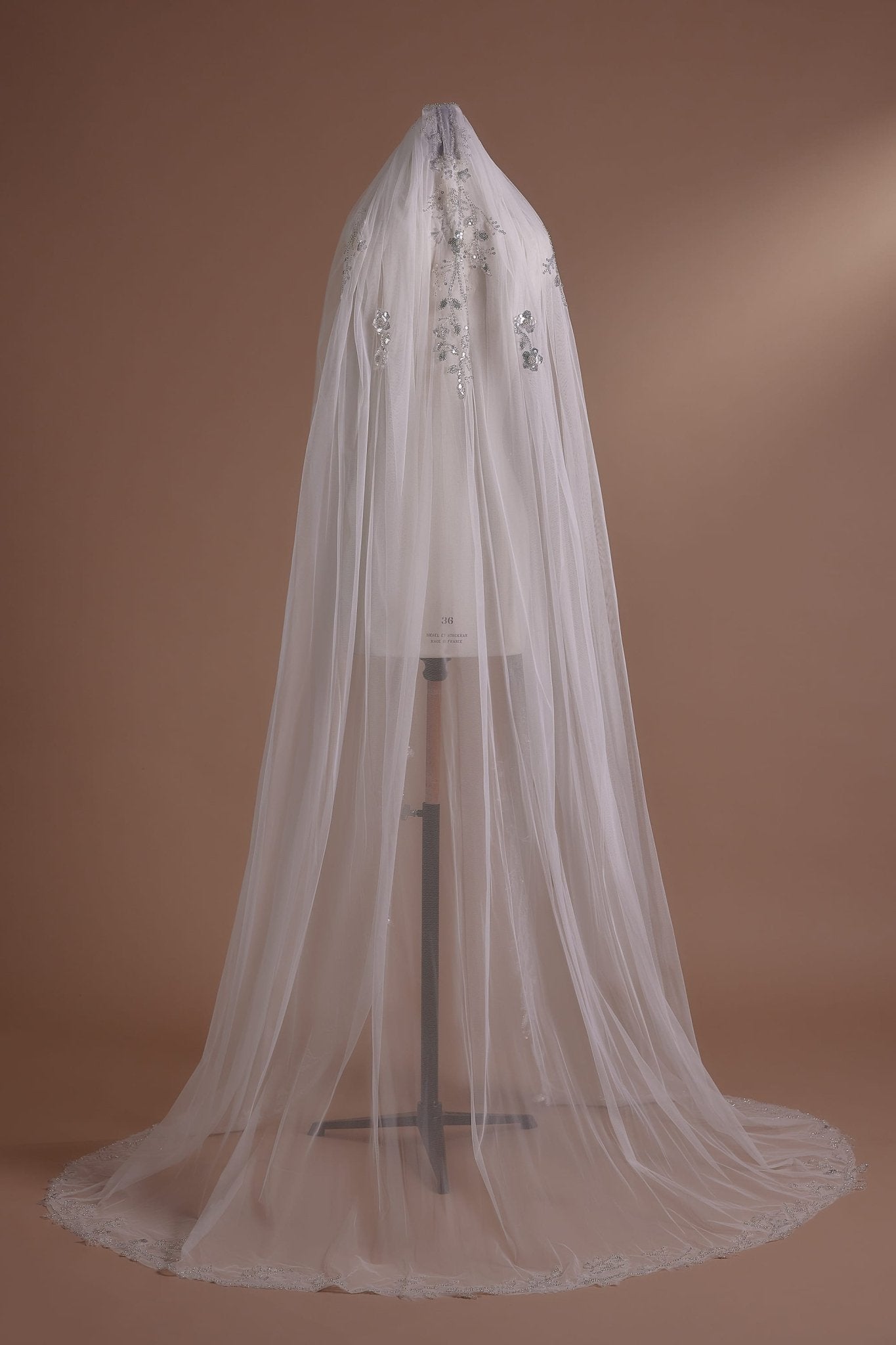 Pearl Cathedral Veil with Floral Embroidery and Lace Trim - WonderlandByLilian