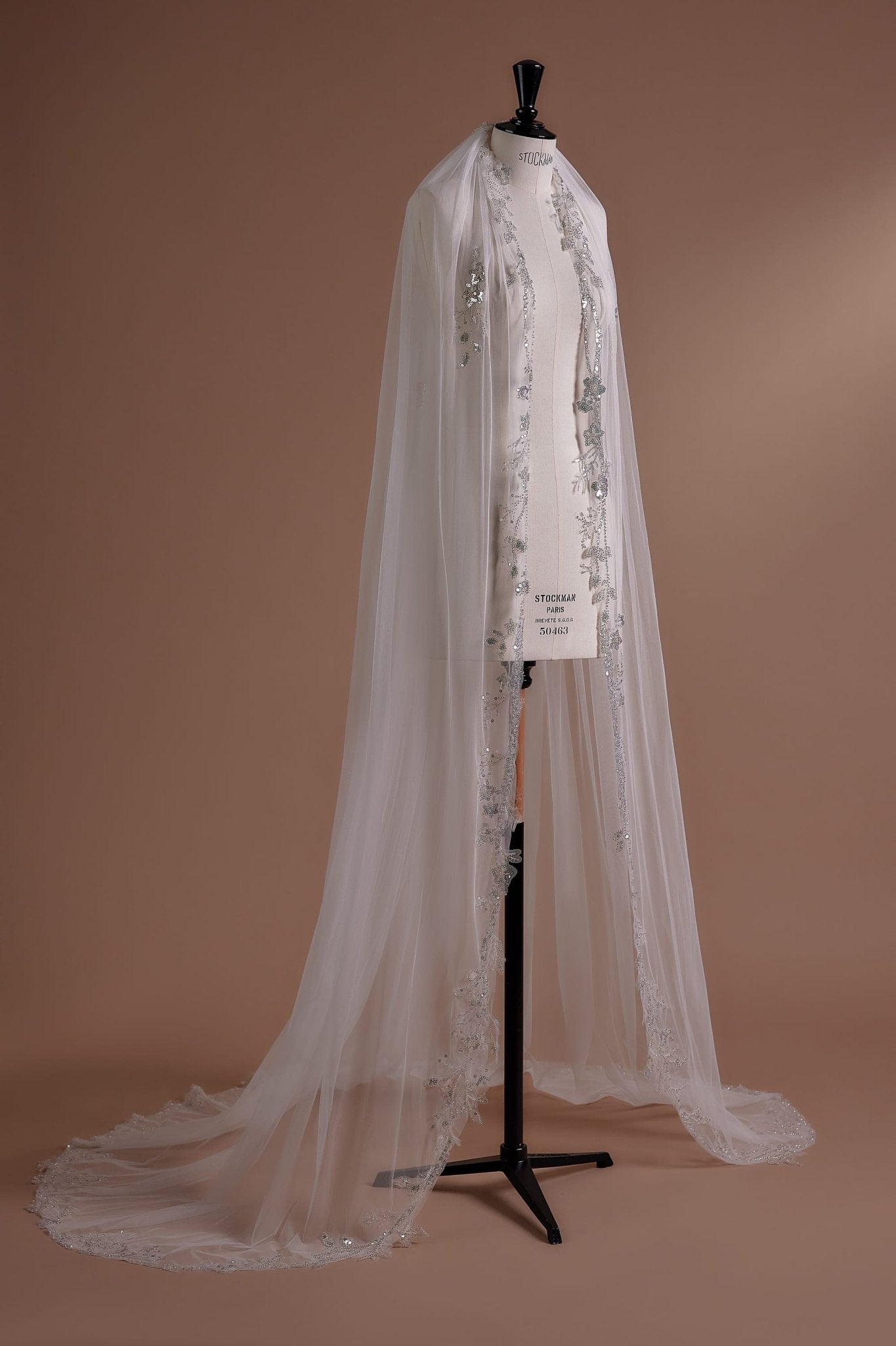 Pearl Cathedral Veil with Floral Embroidery and Lace Trim - WonderlandByLilian