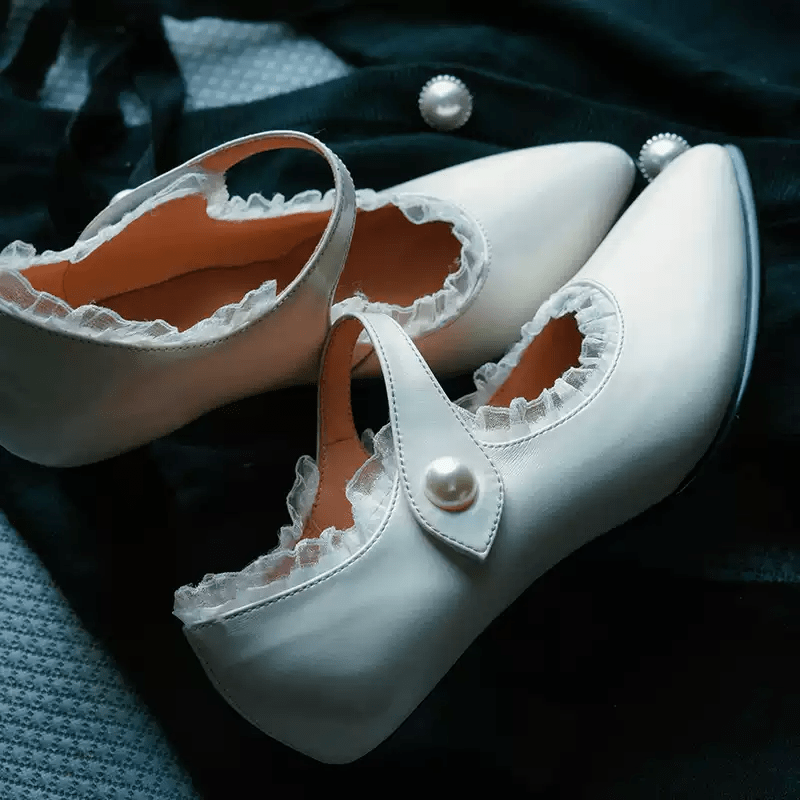 “Pearl Reverie” – Handmade Vintage Lace - Trimmed Mary Jane Shoes in Cowhide Leather - WonderlandByLilian