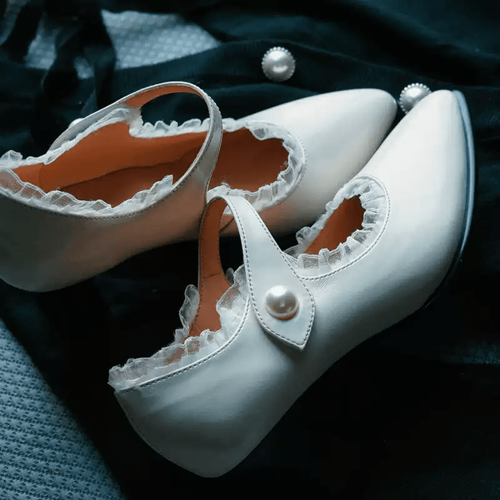 “Pearl Reverie” – Handmade Vintage Lace - Trimmed Mary Jane Shoes in Cowhide Leather - WonderlandByLilian