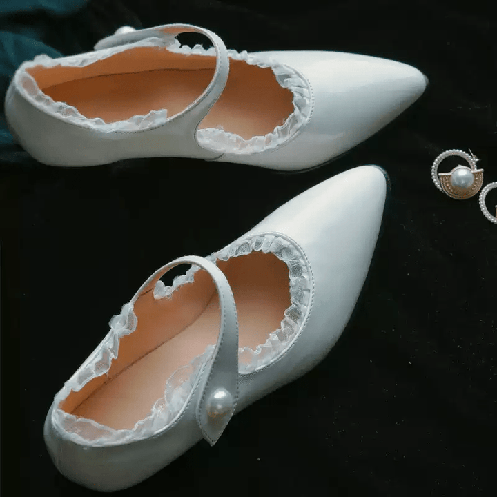 “Pearl Reverie” – Handmade Vintage Lace - Trimmed Mary Jane Shoes in Cowhide Leather - WonderlandByLilian
