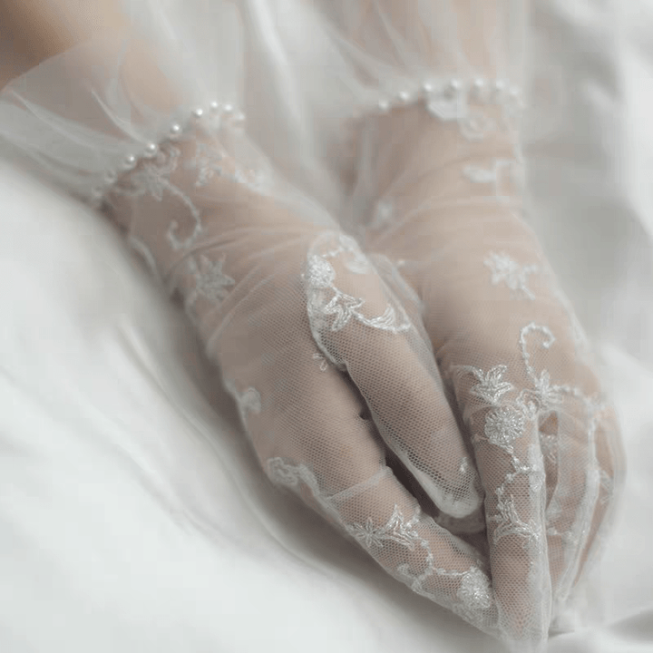 Pearl - Trimmed Lace Bridal Gloves with Tulle Ruffle Cuffs - Short Wedding Gloves - WonderlandByLilian