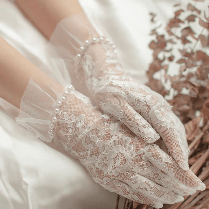 Pearl - Trimmed Lace Bridal Gloves with Tulle Ruffle Cuffs - Short Wedding Gloves - WonderlandByLilian