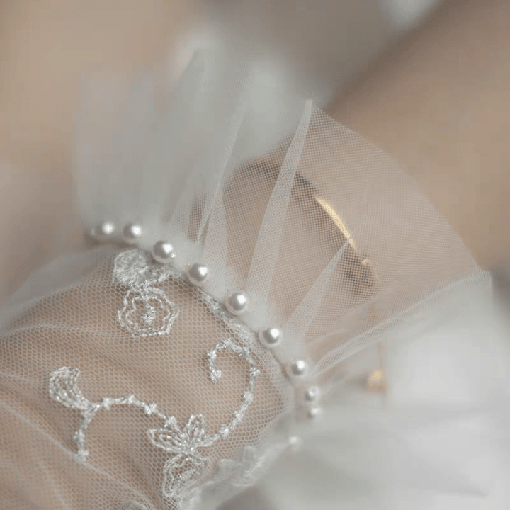 Pearl - Trimmed Lace Bridal Gloves with Tulle Ruffle Cuffs - Short Wedding Gloves - WonderlandByLilian