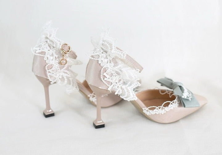 Pink and Cream Lolita Vintage Shoes with Bow and Pearl - Lolita Heels with Tulle and Lace - WonderlandByLilian