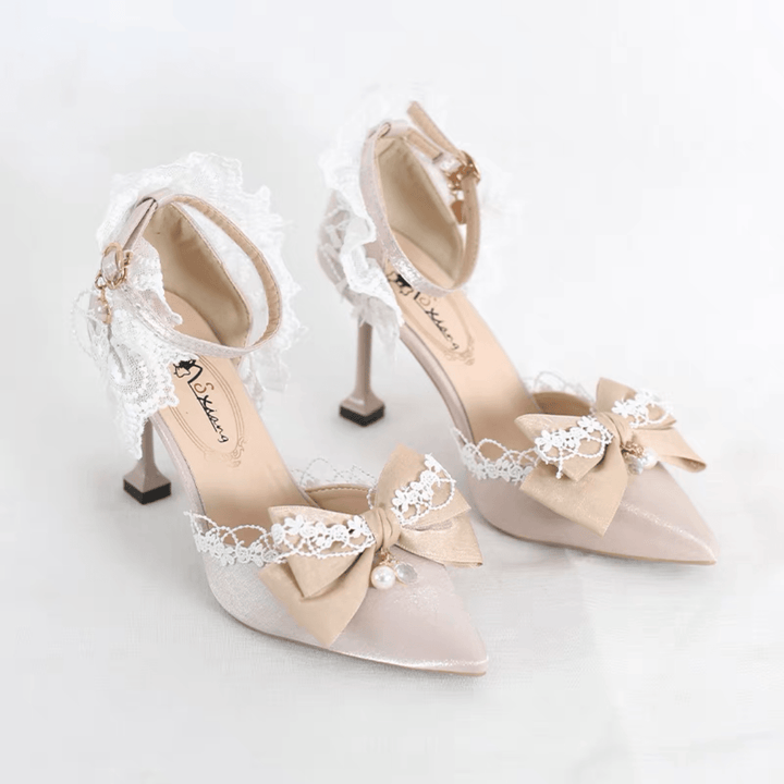 Pink and Cream Lolita Vintage Shoes with Bow and Pearl - Lolita Heels with Tulle and Lace - WonderlandByLilian