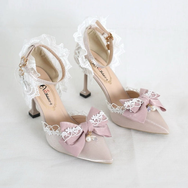 Pink and Cream Lolita Vintage Shoes with Bow and Pearl - Lolita Heels with Tulle and Lace - WonderlandByLilian