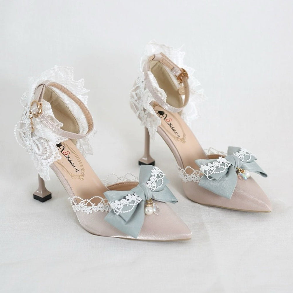 Pink and Cream Lolita Vintage Shoes with Bow and Pearl - Lolita Heels with Tulle and Lace - WonderlandByLilian