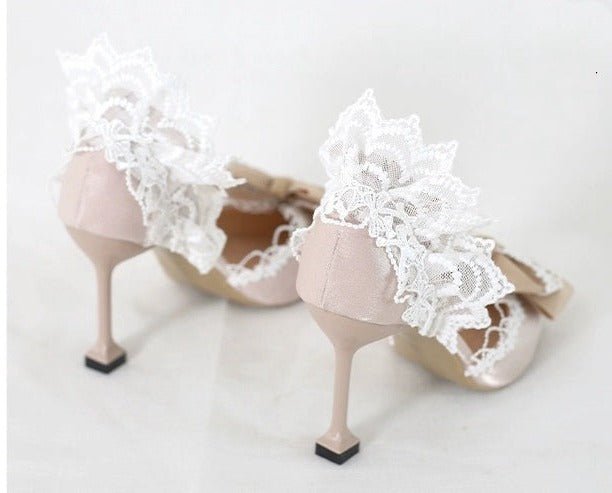 Pink and Cream Lolita Vintage Shoes with Bow and Pearl - Lolita Heels with Tulle and Lace - WonderlandByLilian