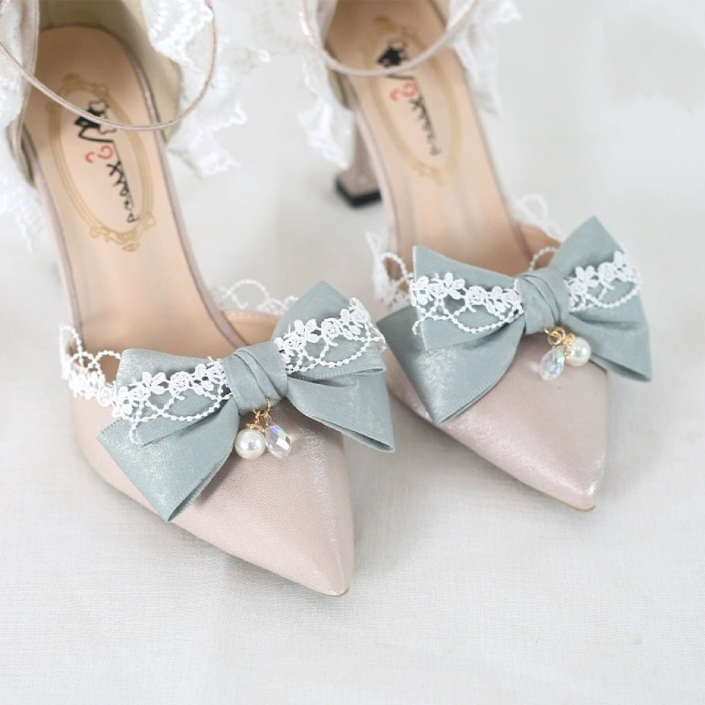 Pink and Cream Lolita Vintage Shoes with Bow and Pearl - Lolita Heels with Tulle and Lace - WonderlandByLilian