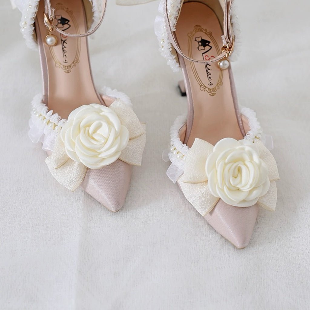 Pink and Cream Lolita Vintage Shoes with Rose - Lolita Heels - WonderlandByLilian