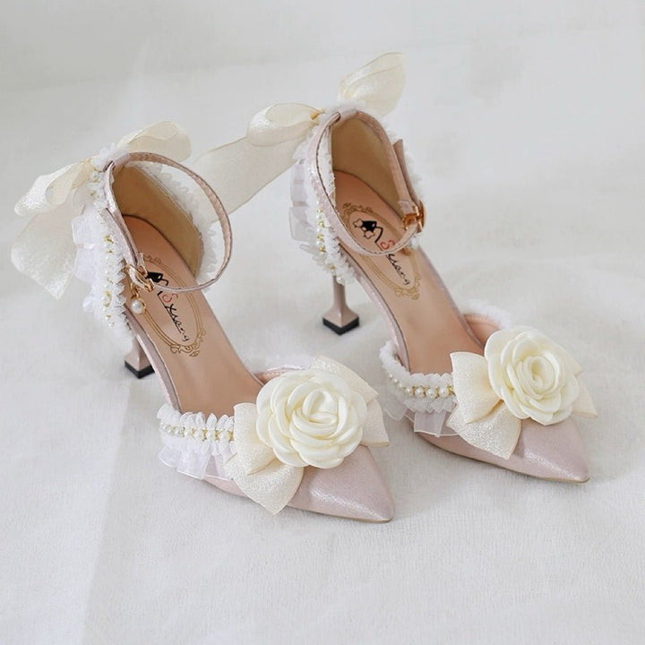 Pink and Cream Lolita Vintage Shoes with Rose - Lolita Heels - WonderlandByLilian