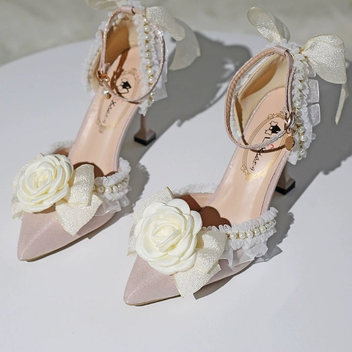 Pink and Cream Lolita Vintage Shoes with Rose - Lolita Heels - WonderlandByLilian