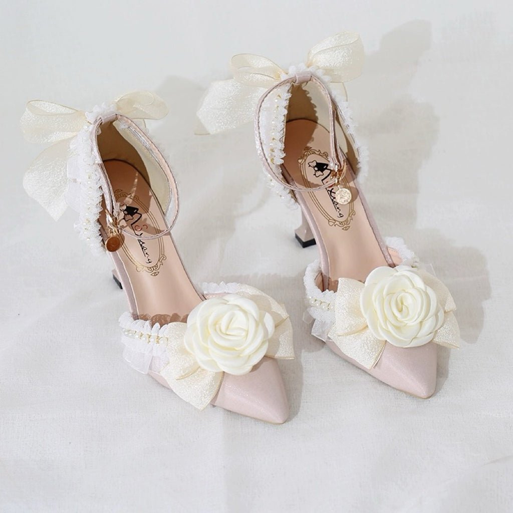 Pink and Cream Lolita Vintage Shoes with Rose - Lolita Heels - WonderlandByLilian