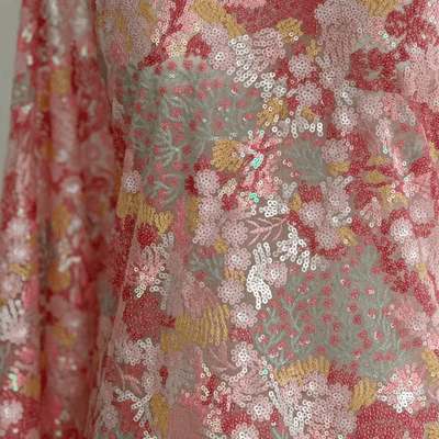 Pink and Gold Floral Sequin Embroidered Lace Fabric - WonderlandByLilian