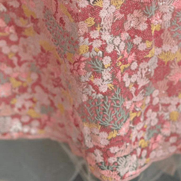 Pink and Gold Floral Sequin Embroidered Lace Fabric - WonderlandByLilian