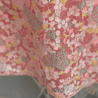 Pink and Gold Floral Sequin Embroidered Lace Fabric - WonderlandByLilian