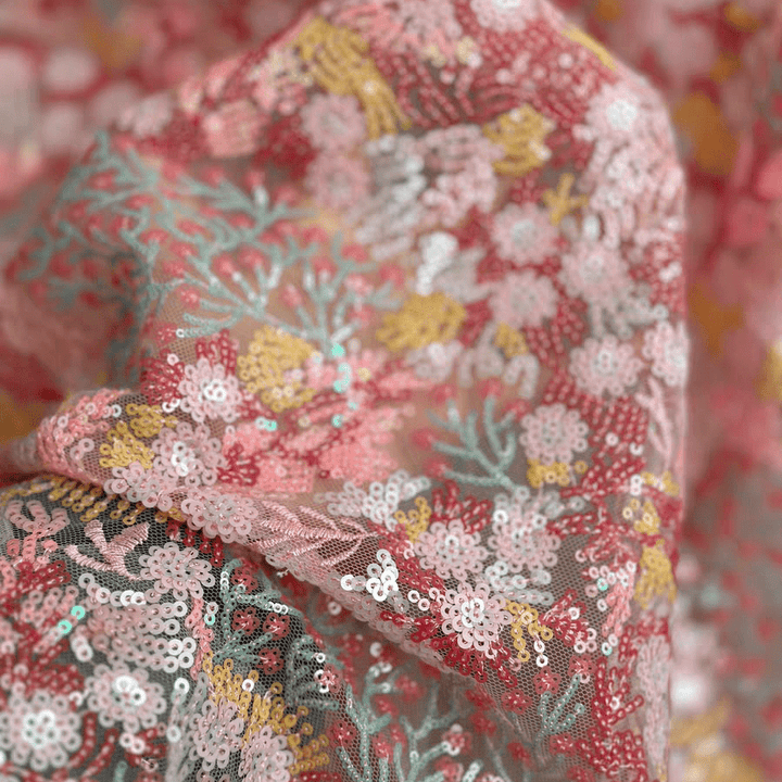 Pink and Gold Floral Sequin Embroidered Lace Fabric - WonderlandByLilian