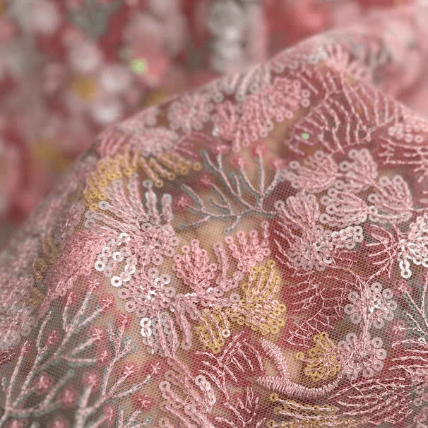 Pink and Gold Floral Sequin Embroidered Lace Fabric - WonderlandByLilian