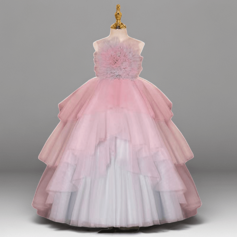 Pink and White Layered Tulle Flower Girl Dress with Floral Bodice for Special Occasion - Plus Size - WonderlandByLilian