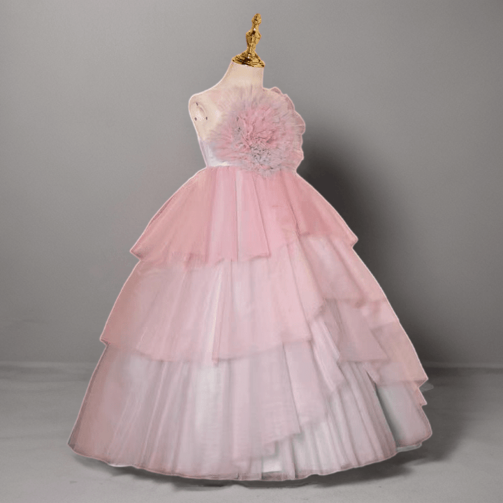 Pink and White Layered Tulle Flower Girl Dress with Floral Bodice for Special Occasion - Plus Size - WonderlandByLilian