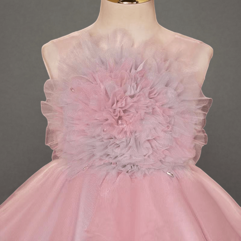 Pink and White Layered Tulle Flower Girl Dress with Floral Bodice for Special Occasion - Plus Size - WonderlandByLilian