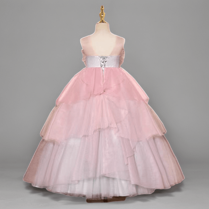 Pink and White Layered Tulle Flower Girl Dress with Floral Bodice for Special Occasion - Plus Size - WonderlandByLilian