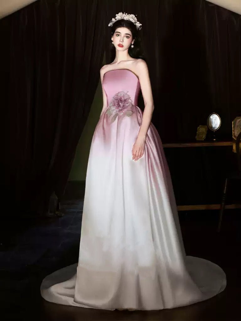 Pink and White Strapless Evening Dress with Corset – Satin Evening Dress with 3D Floral Detail Plus Size - WonderlandByLilian